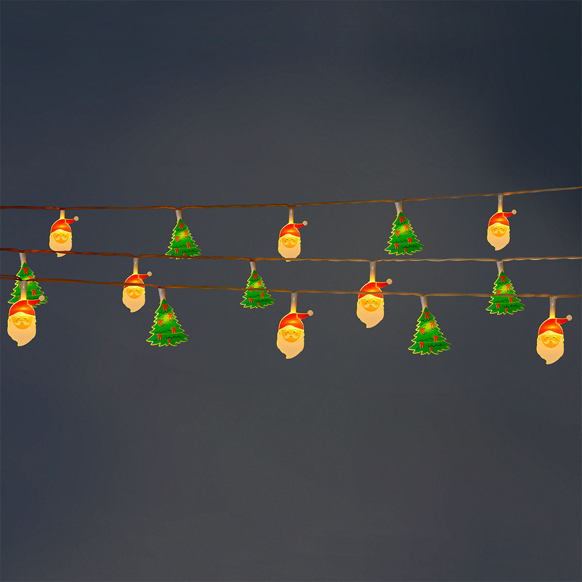 Flying Tiger Copenhagen Christmas string lights featuring festive tree and Santa designs for holiday home decor.