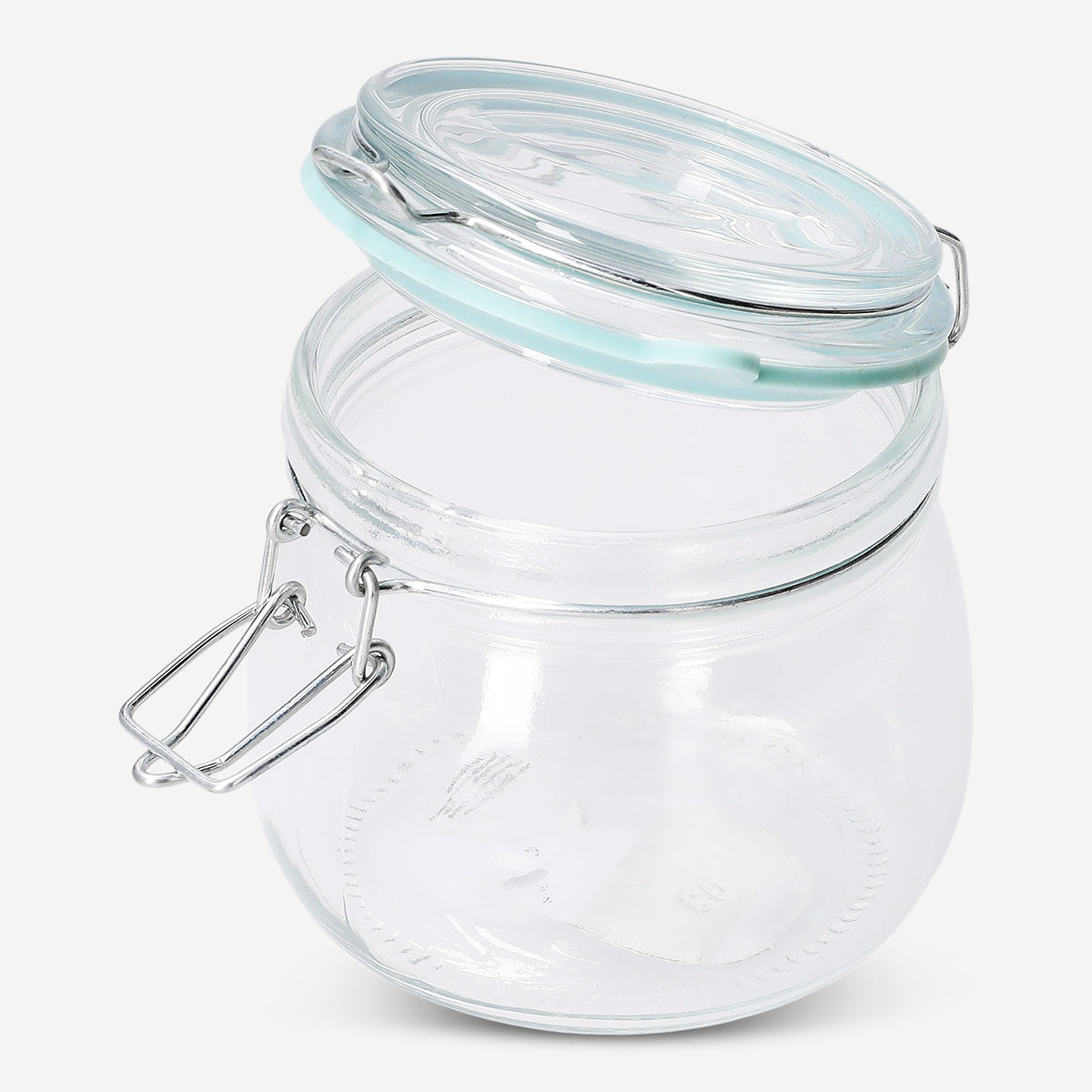 Glass jar with green rim, 13 cm tall, for kitchen storage, by Flying Tiger Copenhagen, shown with a clear view of its design.