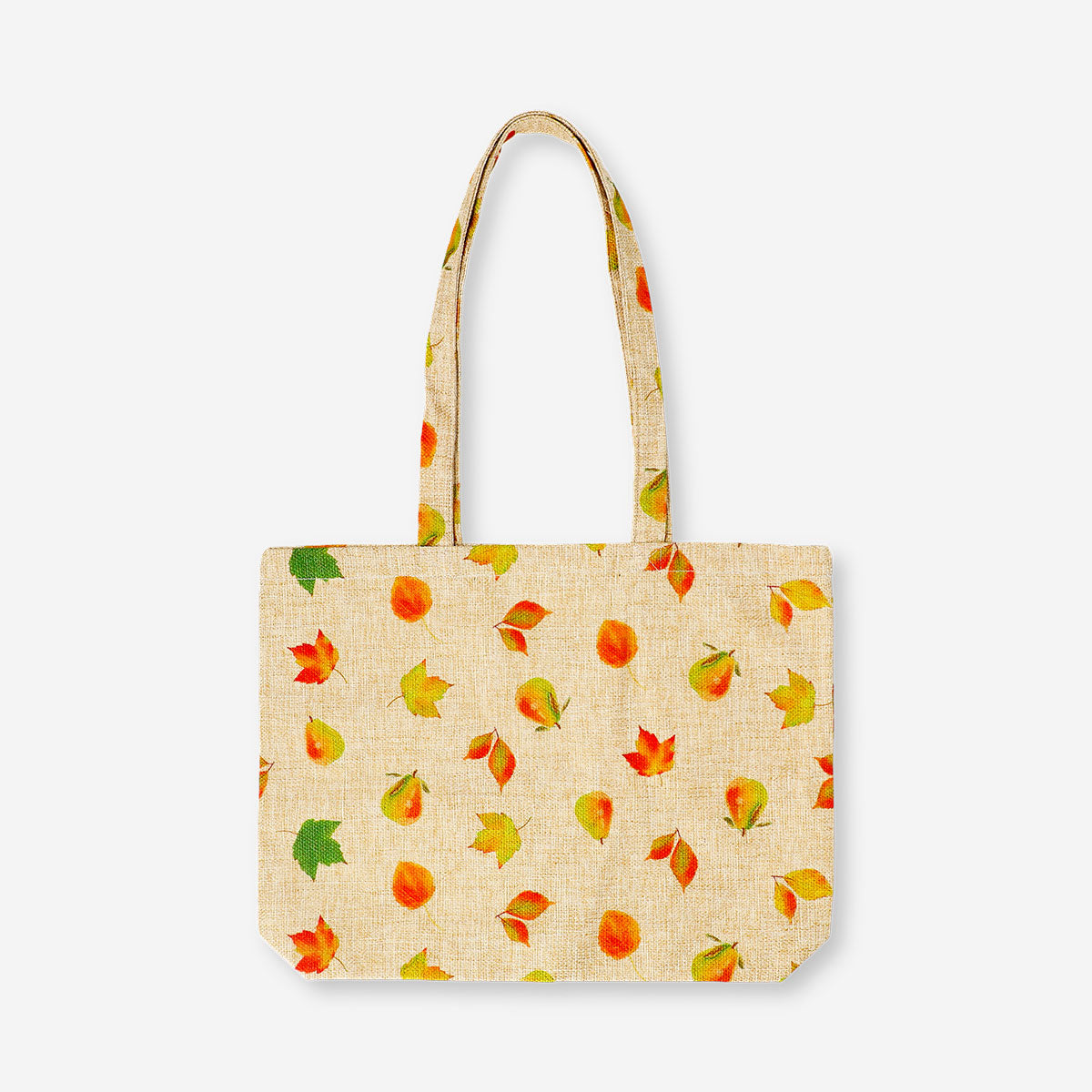 Textile tote bag with autumn leaves design by Flying Tiger Copenhagen, featuring a natural fabric appearance and leaf pattern.