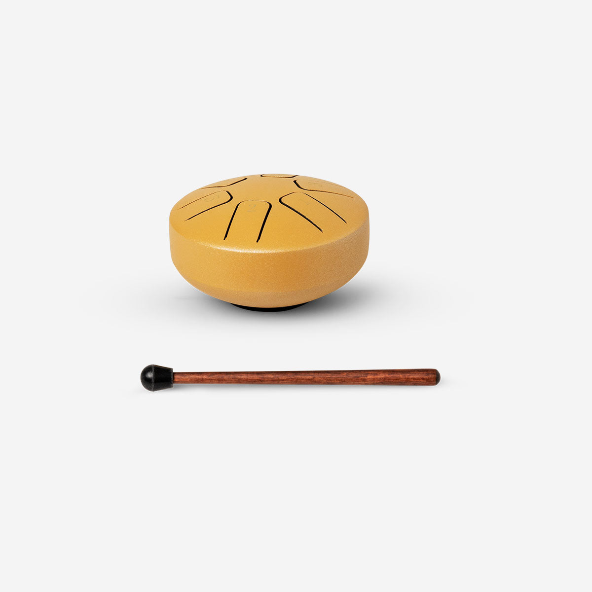 Gold sensory drum toy by Flying Tiger Copenhagen with textured surface and colorful beads inside for tactile play.