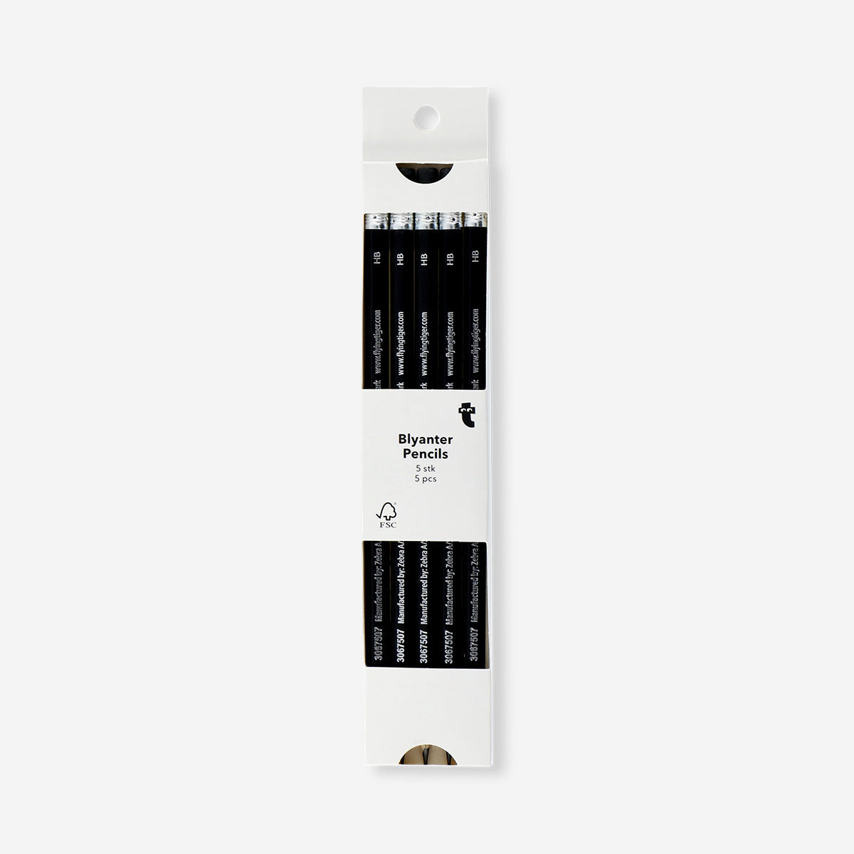 Set of five Flying Tiger Copenhagen HB pencils with erasers, ideal for office and school writing needs.