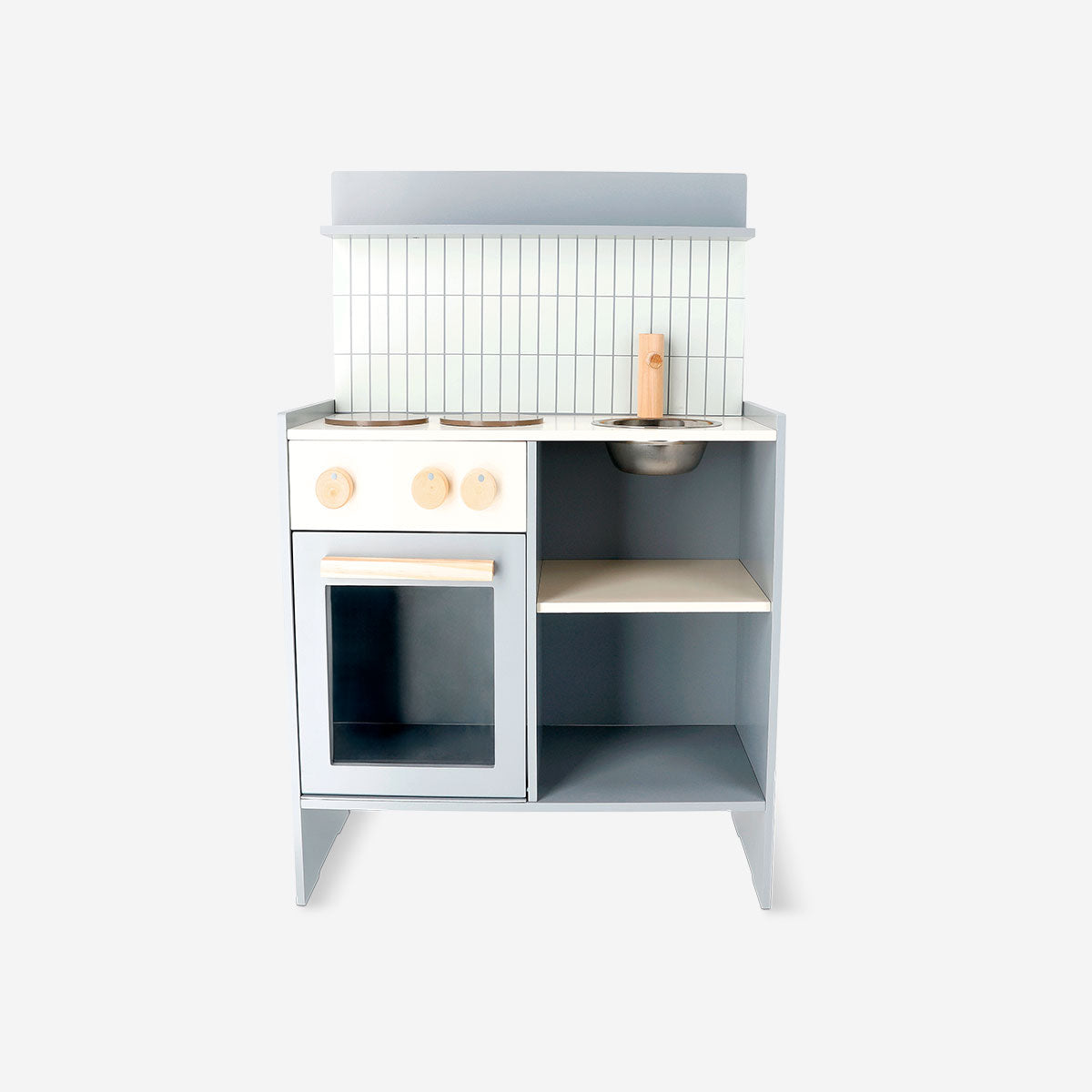 Wooden toy play kitchen by Flying Tiger Copenhagen, featuring realistic stove, sink, and storage compartments for imaginative play.