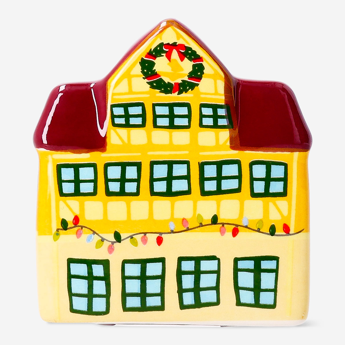Decorative yellow house with string lights, Flying Tiger Copenhagen home decor, 9 cm, cozy and charming miniature ornament.