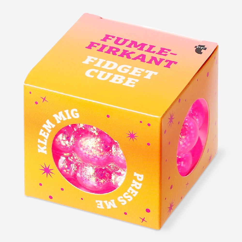 Pink bubble square fidget cube from Flying Tiger Copenhagen, featuring textured buttons and sensory elements for stress relief.