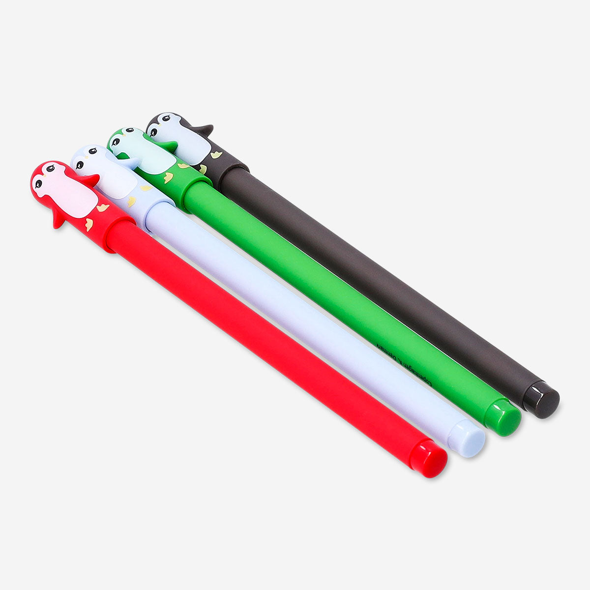Set of four office gel ink pens with cute penguin toppers by Flying Tiger Copenhagen, ideal for writing and decorating.