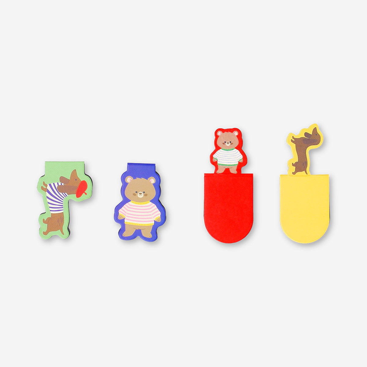 Set of four magnetic office bookmarks featuring adorable sausage dog and bear designs, perfect for organizing documents.