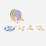Wooden play plate rack set by Flying Tiger Copenhagen, featuring colorful toy plates on a sturdy wooden rack for children's play.