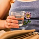 Pink flower handle drinking glass from Flying Tiger Copenhagen, 230 ml kitchen glass with floral design.