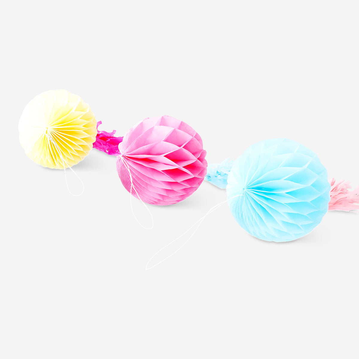 Colorful paper pom poms for hanging, 3-pack, party decor by Flying Tiger Copenhagen, featuring vibrant, lightweight tissue paper balls