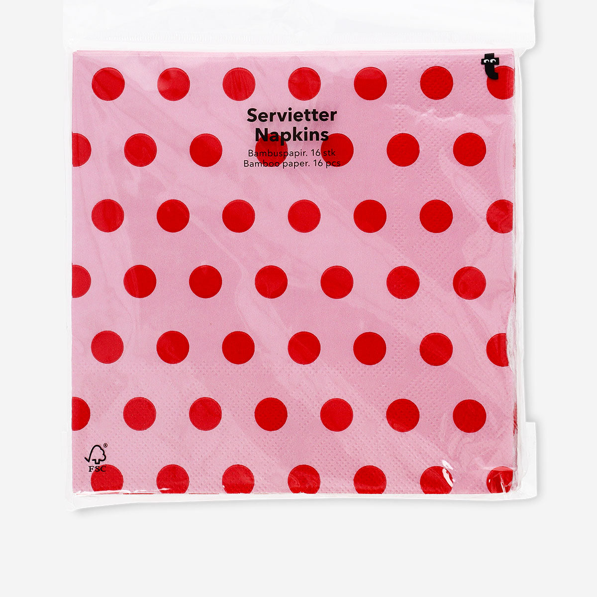 Pink party napkins with red dots, 16-piece set from Flying Tiger Copenhagen, featuring colorful and festive tableware.