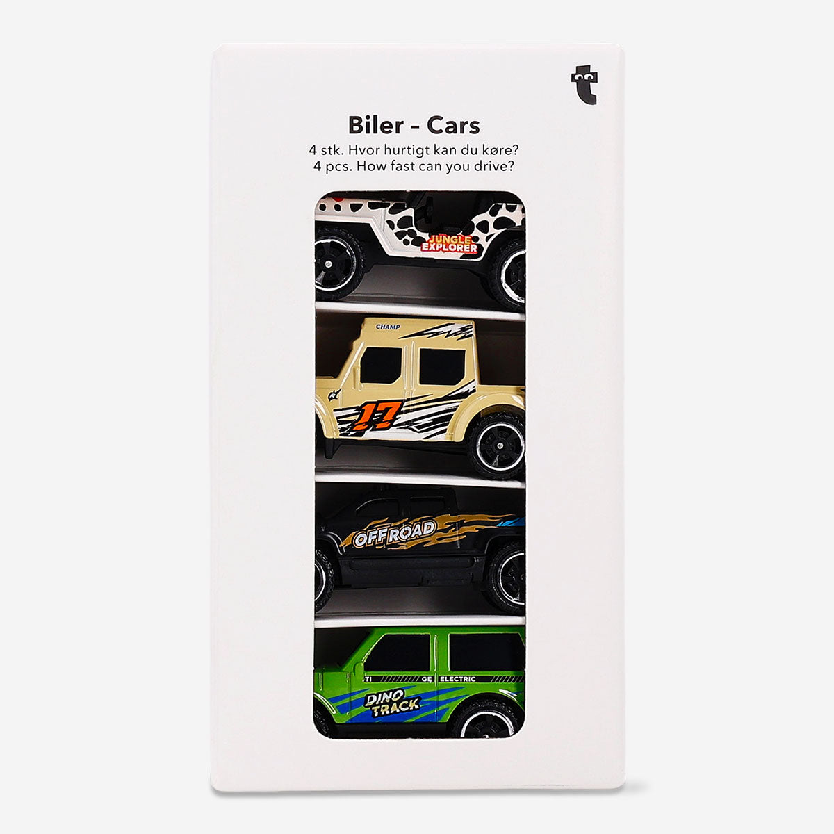 Set of four Jungle toy cars by Flying Tiger Copenhagen, colorful plastic vehicles perfect for children's play and imaginative fun.