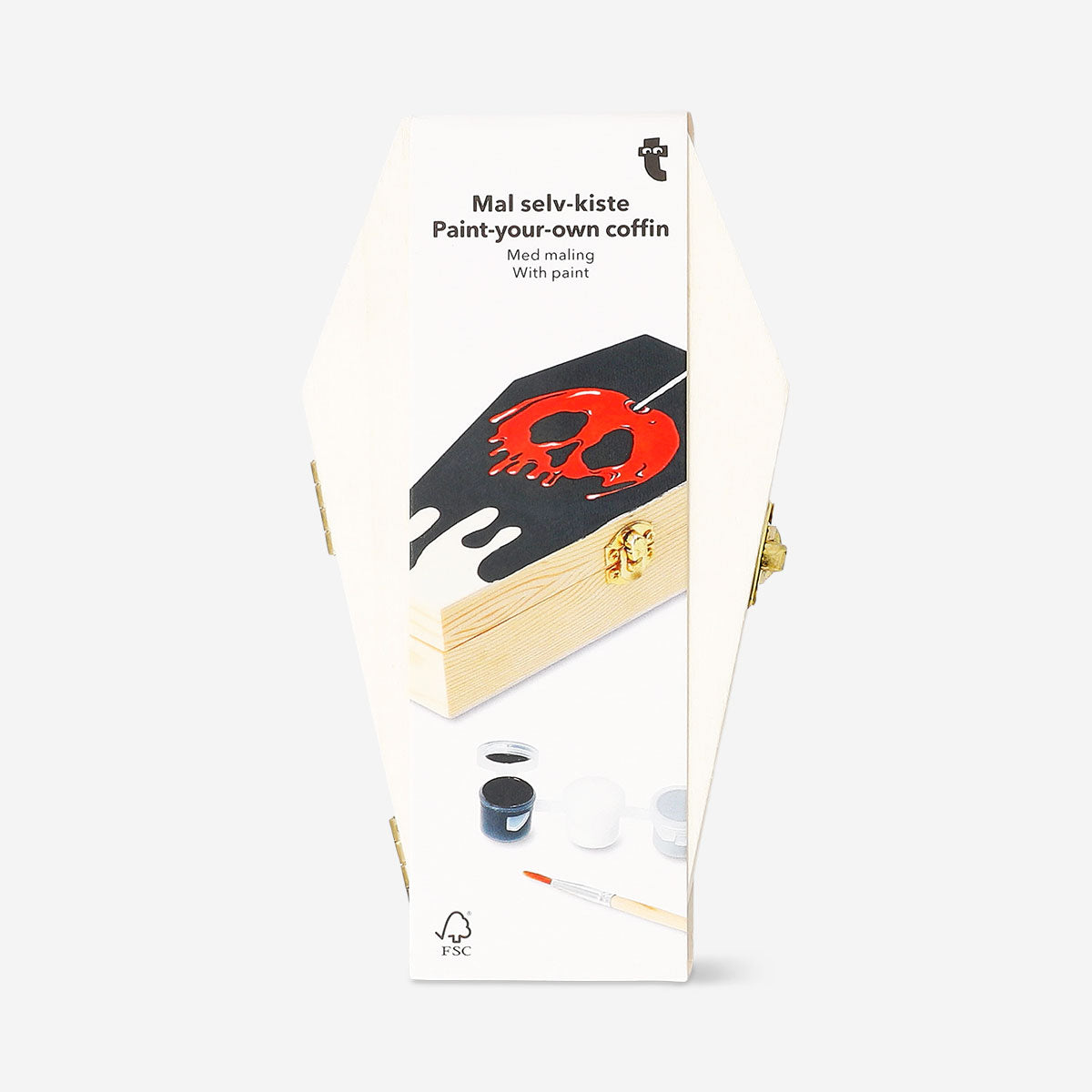 DIY wooden coffin craft kit with paint from Flying Tiger Copenhagen, featuring unfinished wood and colorful paint supplies for hobby projects.