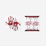 Six blood stain window decorations for parties, Flying Tiger Copenhagen, featuring realistic blood splatter designs on transparent material.