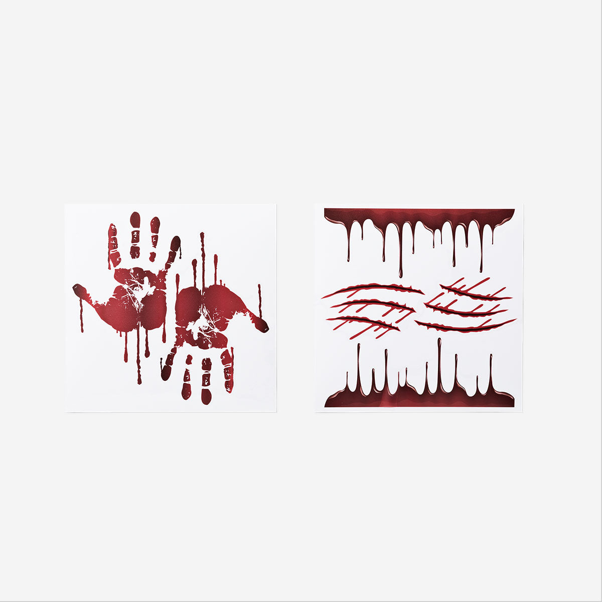 Six blood stain window decorations for parties, Flying Tiger Copenhagen, featuring realistic blood splatter designs on transparent material.