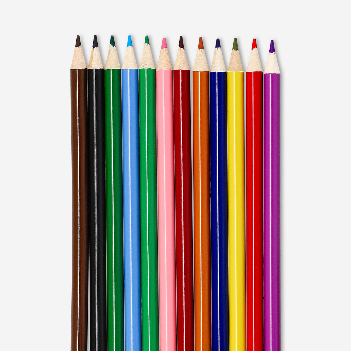 Set of 12 colorful office colouring pencils by Flying Tiger Copenhagen, neatly arranged on a white background.