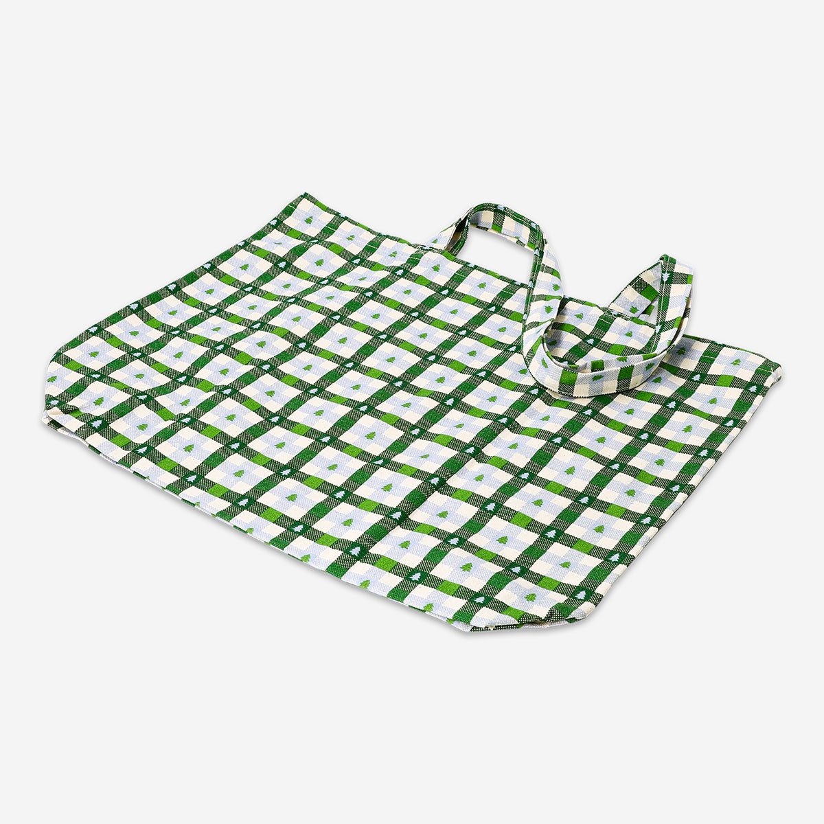 Flying Tiger Copenhagen Christmas tree check tote bag made of textile with festive holiday print and sturdy handles.