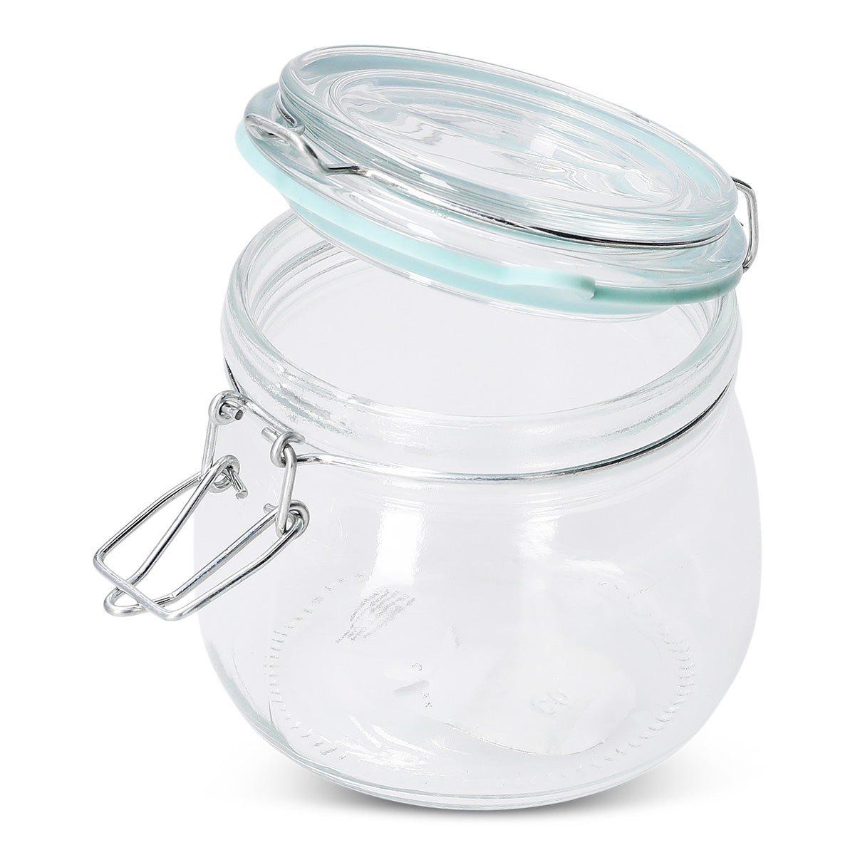 Glass jar with green rim, 13 cm tall, from Flying Tiger Copenhagen, ideal for kitchen storage or decorative use.