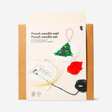 Flying Tiger Copenhagen Christmas punch needle set for hobby craft projects with festive holiday designs and colorful embroidery tools