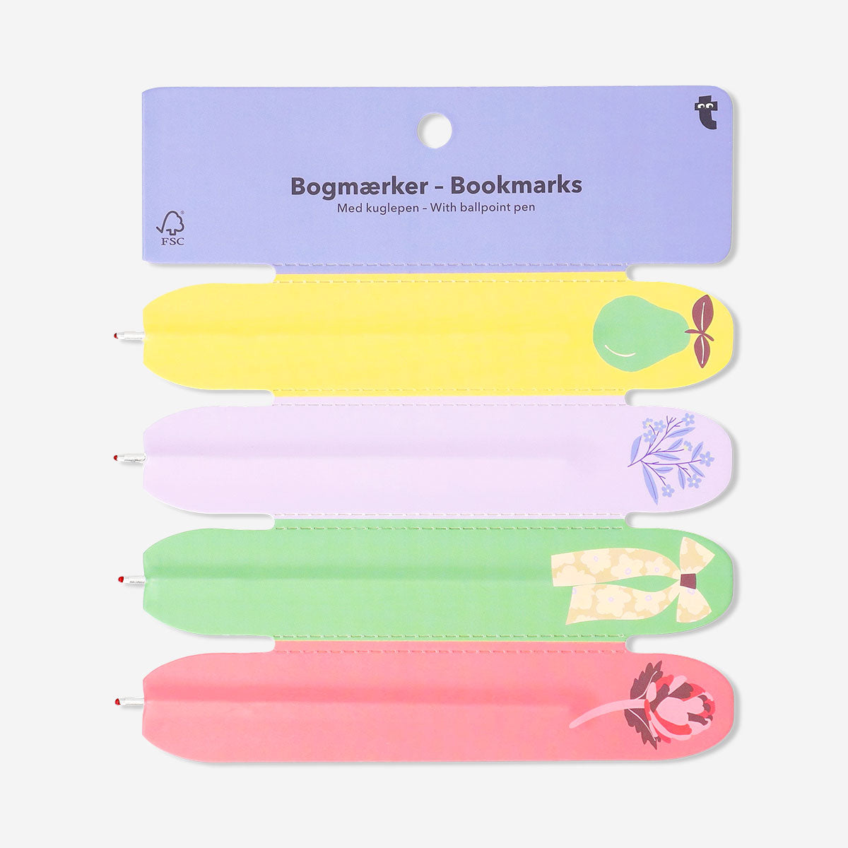 Set of four office bookmarks with matching ballpoint pens by Flying Tiger Copenhagen, featuring colorful and functional designs.