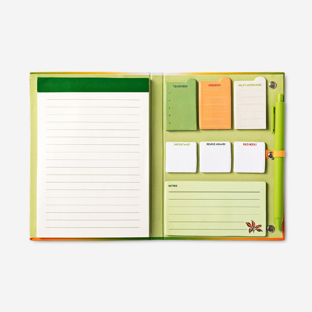 Gradient notepad with matching pen and sticky notes, ideal for office use, by Flying Tiger Copenhagen.