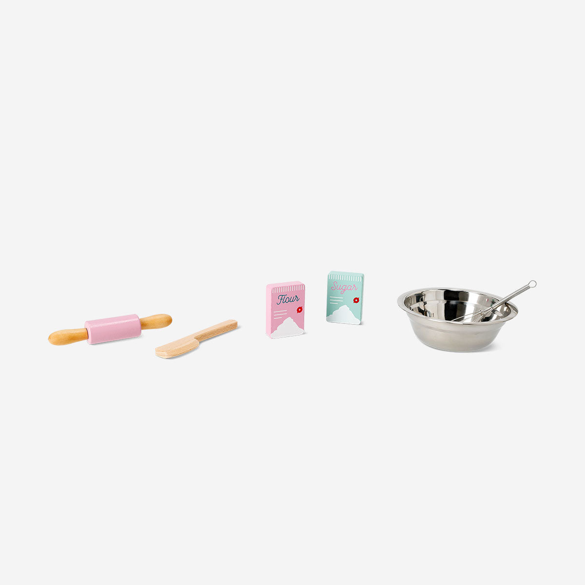 Play baking toy kit from Flying Tiger Copenhagen with colorful utensils, mixing bowls, and pretend baking ingredients.