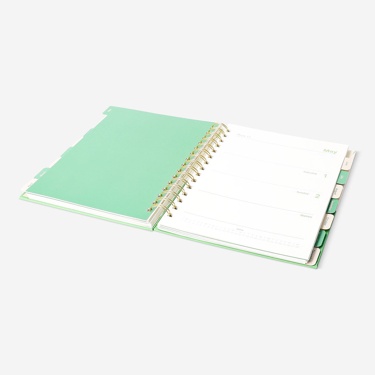 Green Flying Tiger Copenhagen study planner for 2026-2027 with office design, featuring tabs and calendar pages for organizing study schedules.