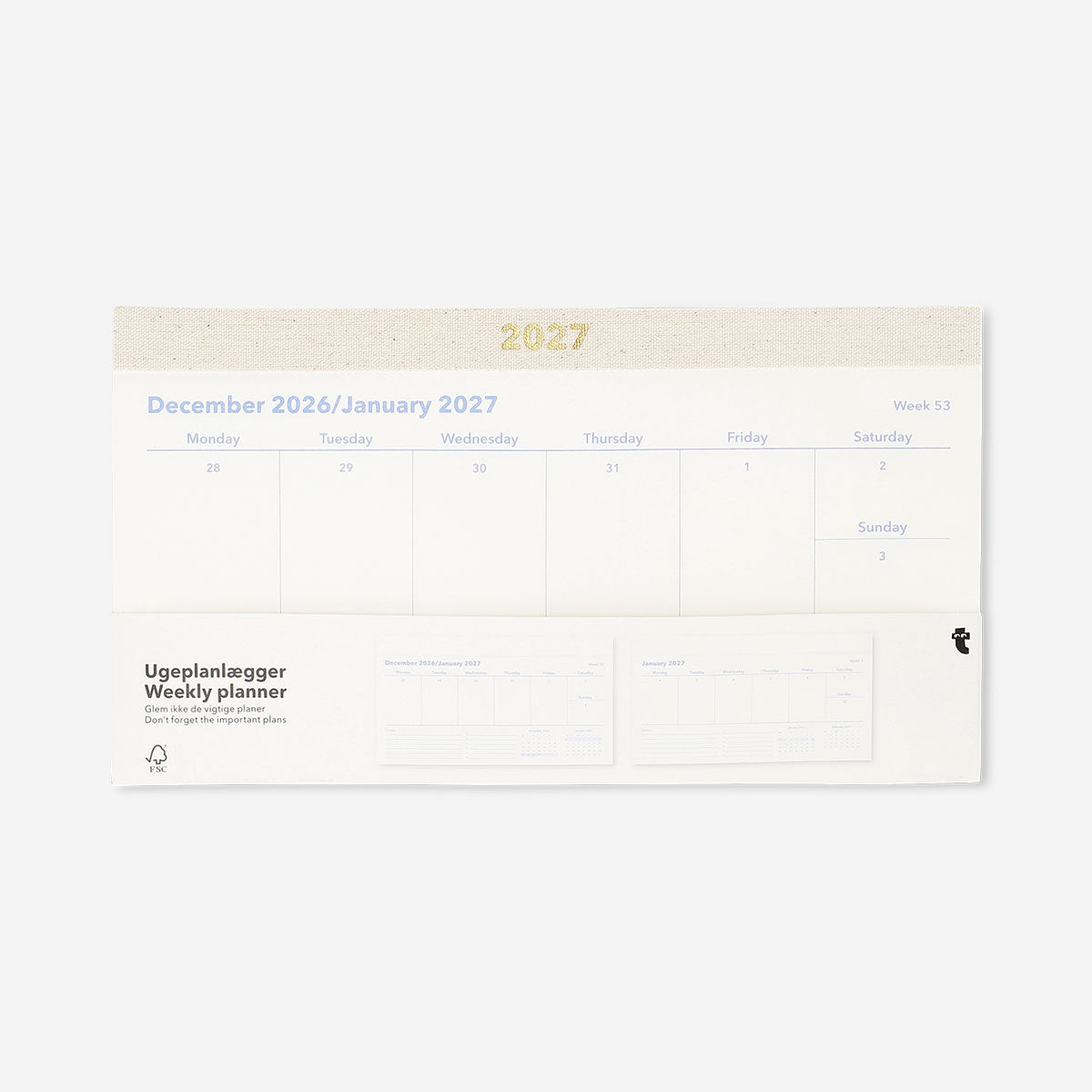 Weekly desk planner for 2027 by Flying Tiger Copenhagen, featuring pages with dates and sections for organizing weekly schedules.
