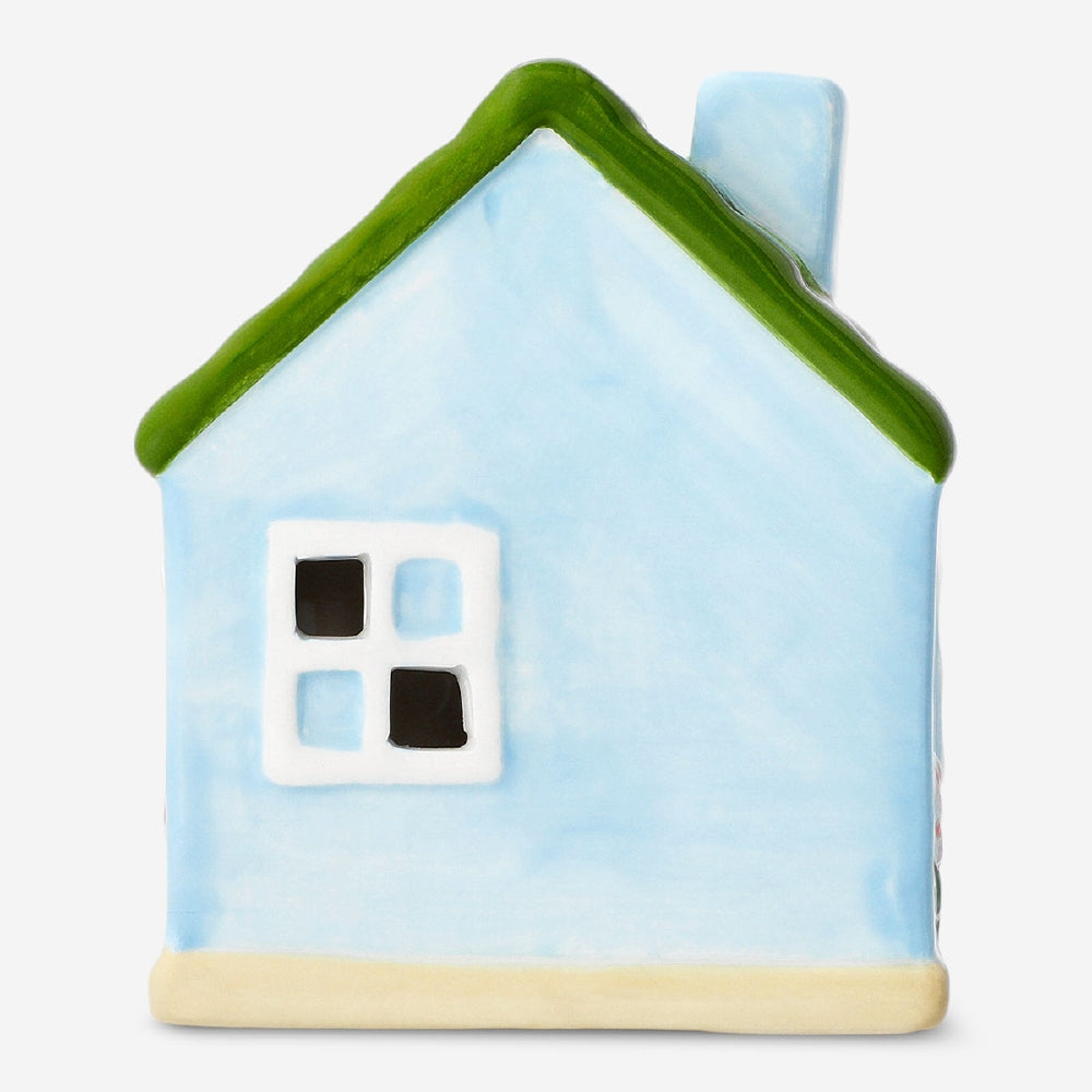 Decorative blue ceramic house from Flying Tiger Copenhagen, 11 cm tall, with detailed windows and roof for home decor accents.