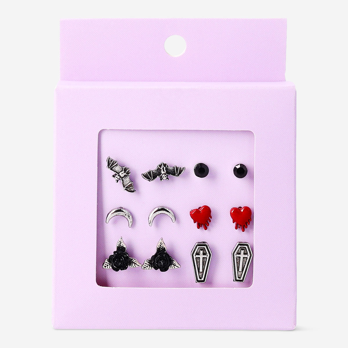 Six Gothic textile stud earrings featuring detailed, dark design elements in a set, ideal for gothic fashion accessories.