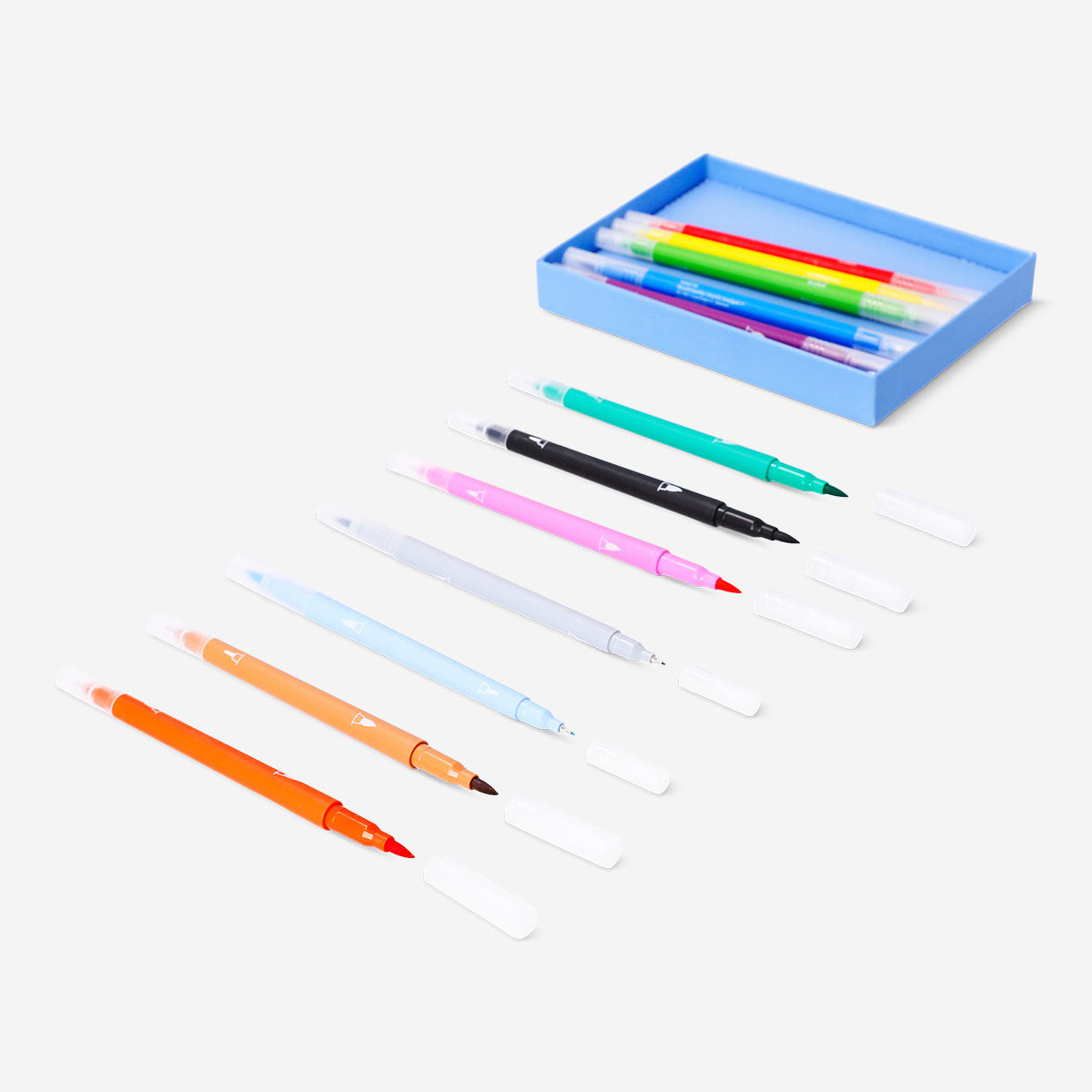 Set of 12 Flying Tiger Copenhagen dual tip pens with fineliner and brush tips, ideal for office and creative writing.