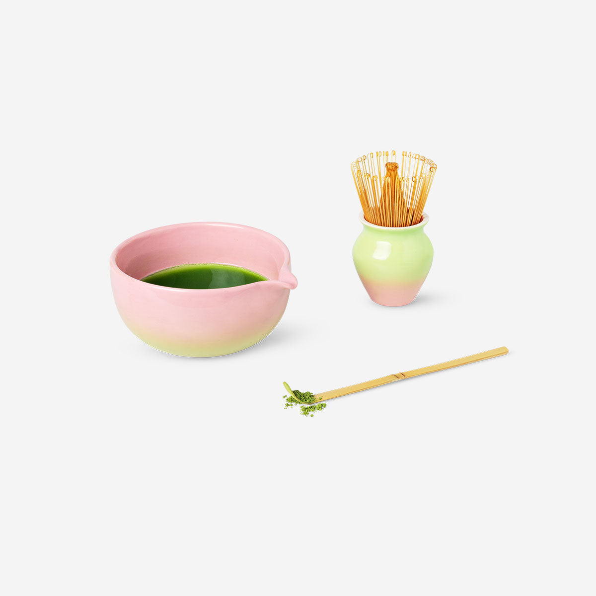 Flying Tiger Copenhagen gradient matcha kit with three colorful kitchen utensils for preparing matcha tea.