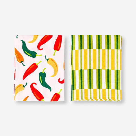 Set of tea towels with chillies and stripes - 2 pcs