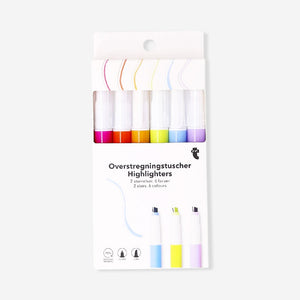 Set of six Flying Tiger Copenhagen dual-tip highlighters with vibrant colors for office and studying use, shown with caps off.