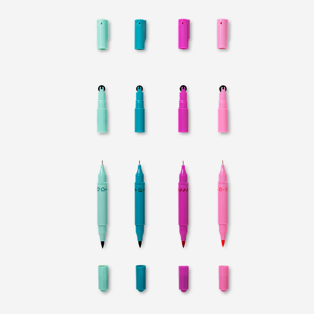 Set of four Flying Tiger Copenhagen dual tip markers with stamp tips, ideal for office and craft projects.