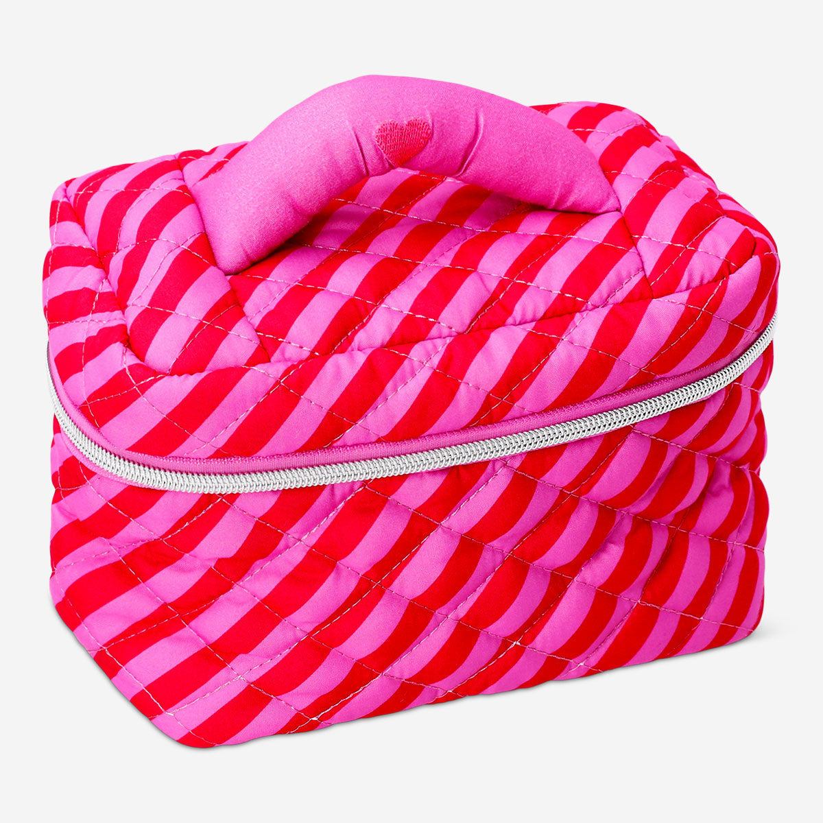 Pink striped quilted toiletry bag from Flying Tiger Copenhagen, 13x19 cm, designed for personal care and travel organization.