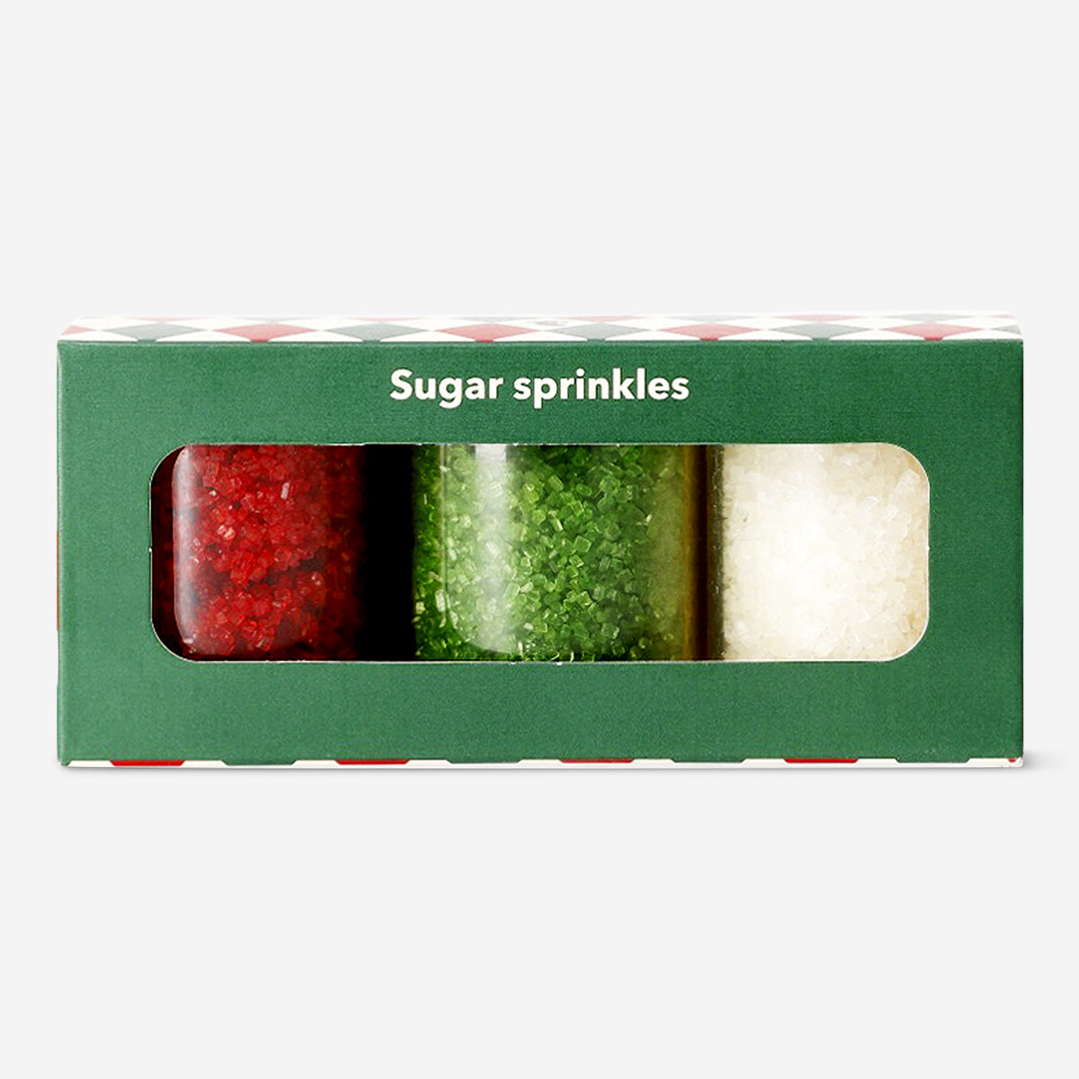 Colorful sugar sprinkle mix in red, white, and green from Flying Tiger Copenhagen, ideal for decorating baked goods and desserts.