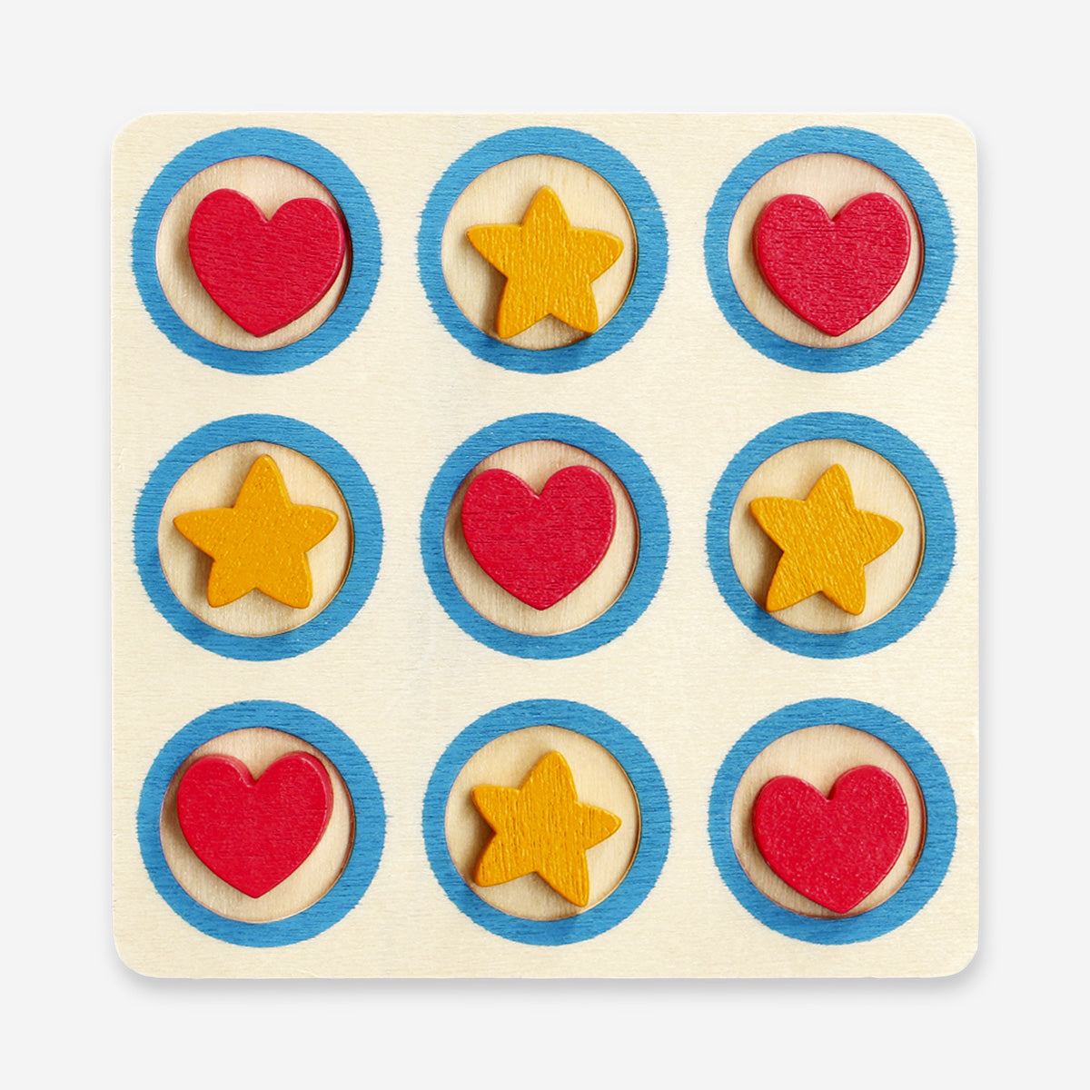 Flying Tiger Copenhagen Tick-Tack-Toe game with colorful wooden pieces and game board for fun, classic tic-tac-toe gameplay.