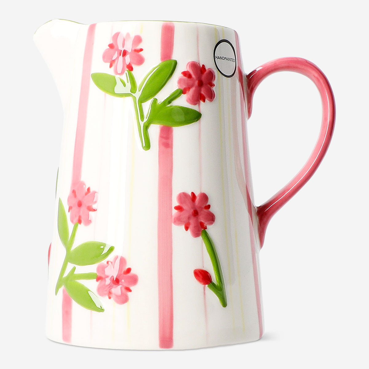 Colorful 1L hand-painted striped and flower design ceramic jug by Flying Tiger Copenhagen for kitchen use.