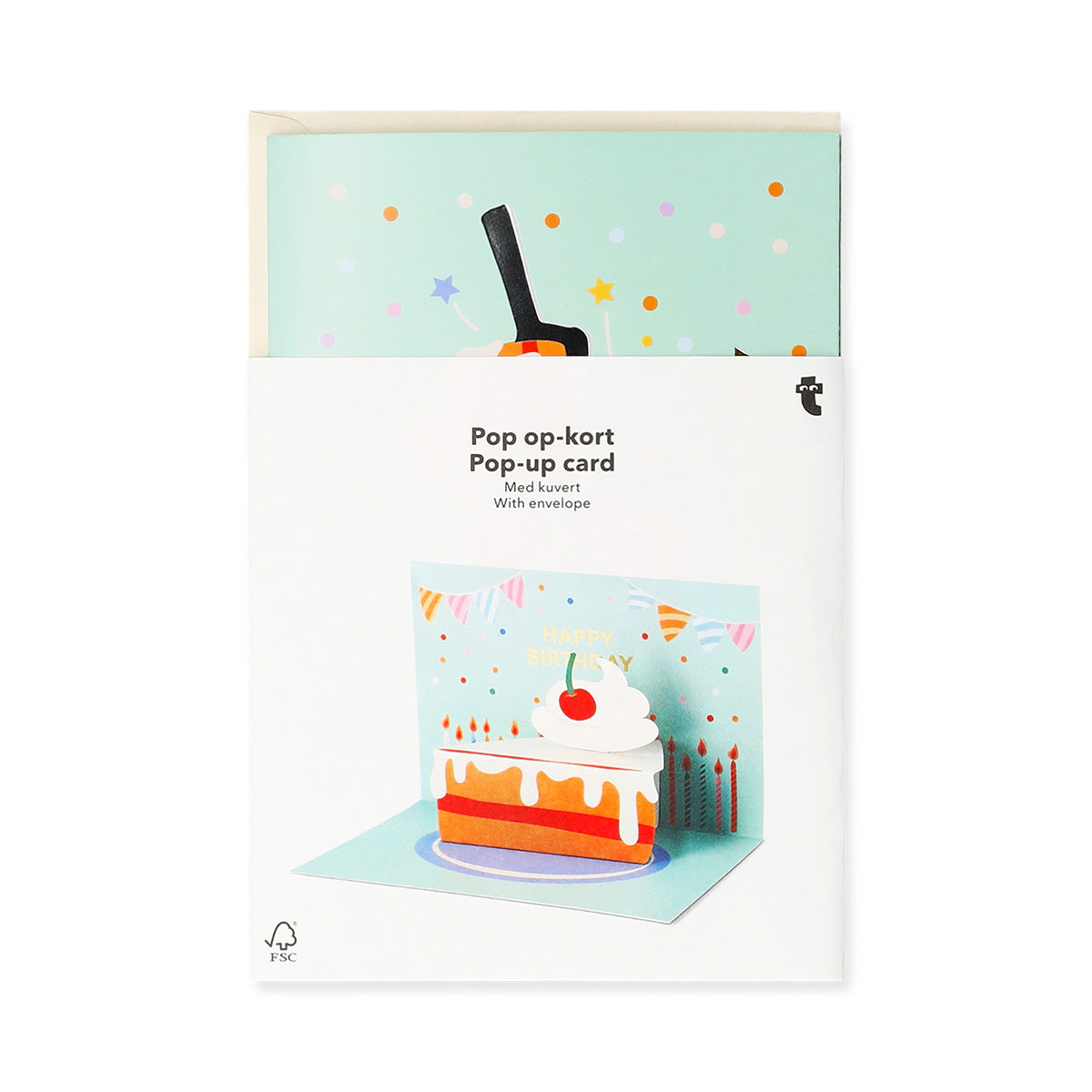 Flying Tiger Copenhagen birthday card with a pop-up slice of cake design, perfect for celebrating special occasions.