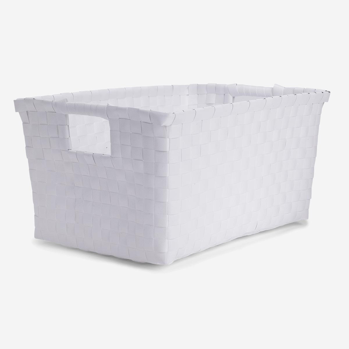 White braided plastic storage basket for home organization, by Flying Tiger Copenhagen, shown with handles and textured weave.