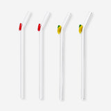 Set of four glass kitchen straws with colorful fruit decorations from Flying Tiger Copenhagen, perfect for stylish drinks.