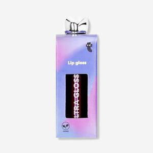 Flying Tiger Copenhagen ultra glossy plum lip gloss applied on lips, showcasing vibrant, shiny personal care product.