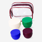 Set of four Flying Tiger Copenhagen travel containers with lids, perfect for storing snacks or small items on the go.