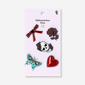 Gothic textile pin set, 5 pcs, by Flying Tiger Copenhagen, featuring dark gothic designs