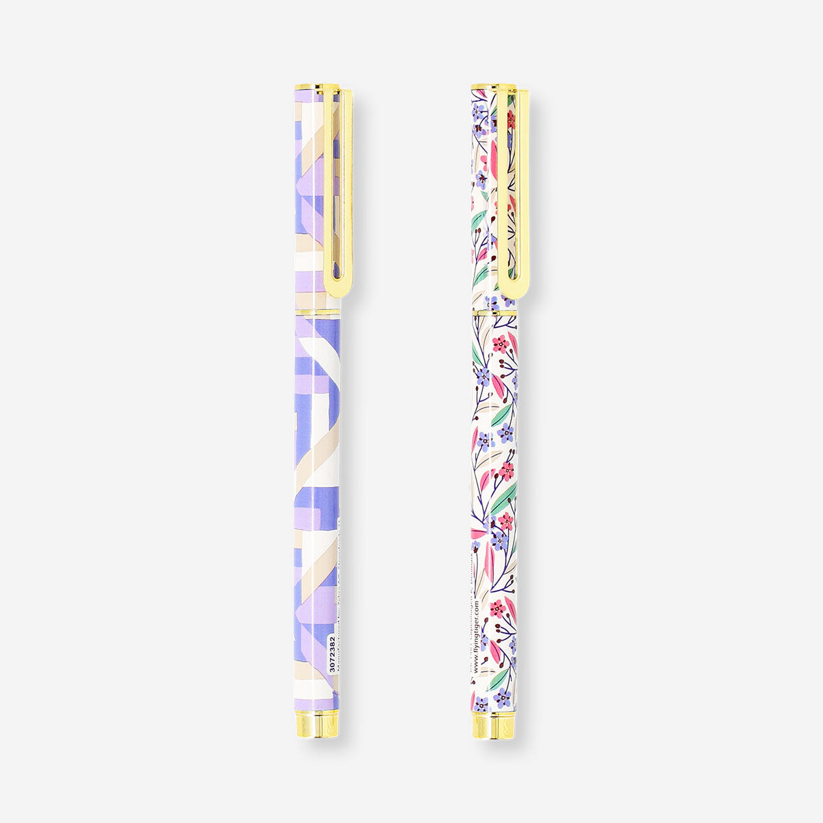 Set of two Flying Tiger Copenhagen ballpoint pens with colorful, playful prints, ideal for office or school writing tasks.