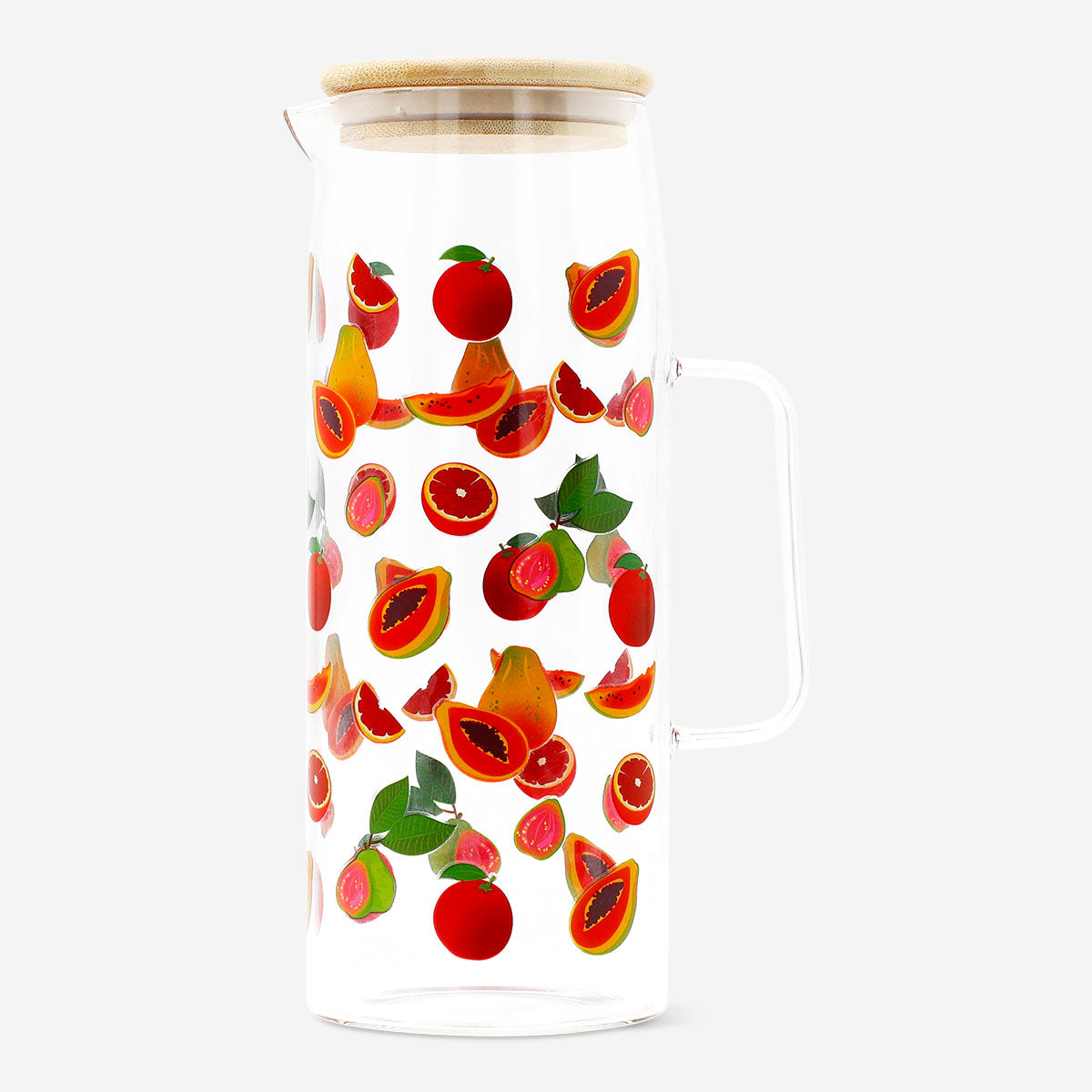 Glass jug with bamboo lid and fruit print, 1.15 L, ideal for kitchen use, by Flying Tiger Copenhagen.
