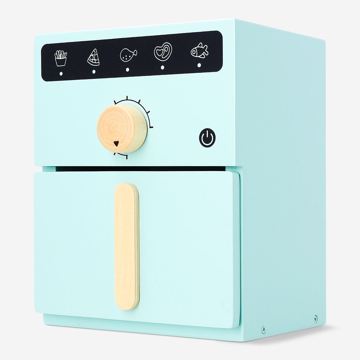 Wooden toy air fryer by Flying Tiger Copenhagen, 20x16 cm, featuring realistic details and a compact size for pretend play.
