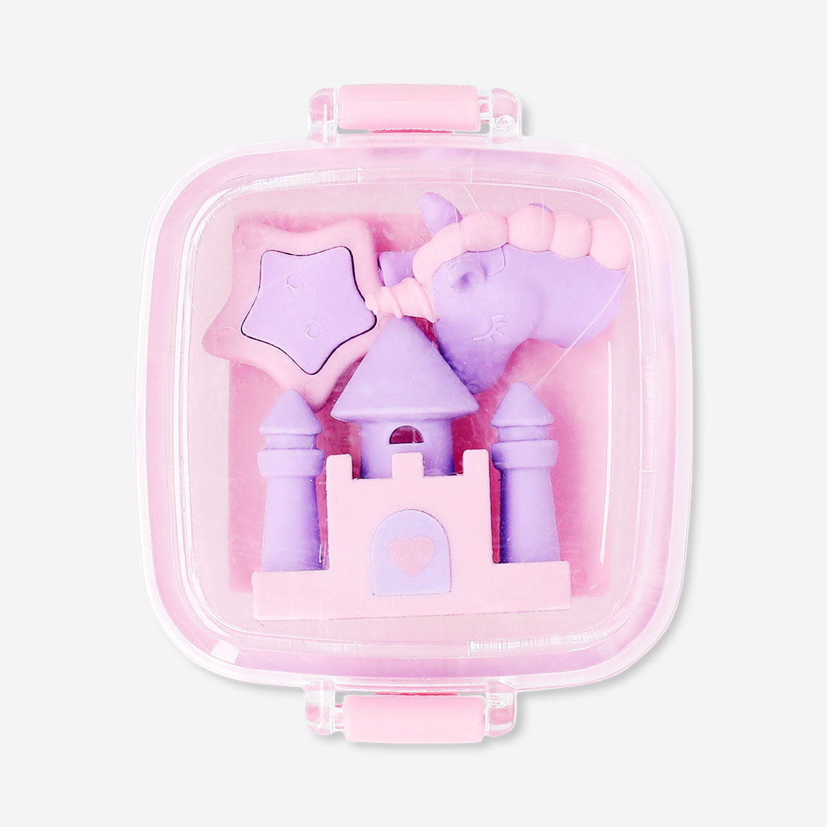 Fairytale themed erasers set in pink box by Flying Tiger Copenhagen, colorful office erasers for stationery collection.