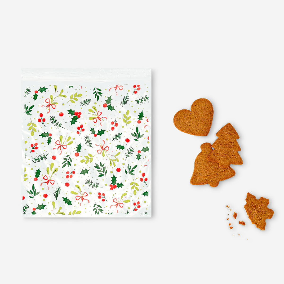 Set of 20 Flying Tiger Copenhagen grip seal bags with festive Christmas print, ideal for kitchen storage and food packaging.