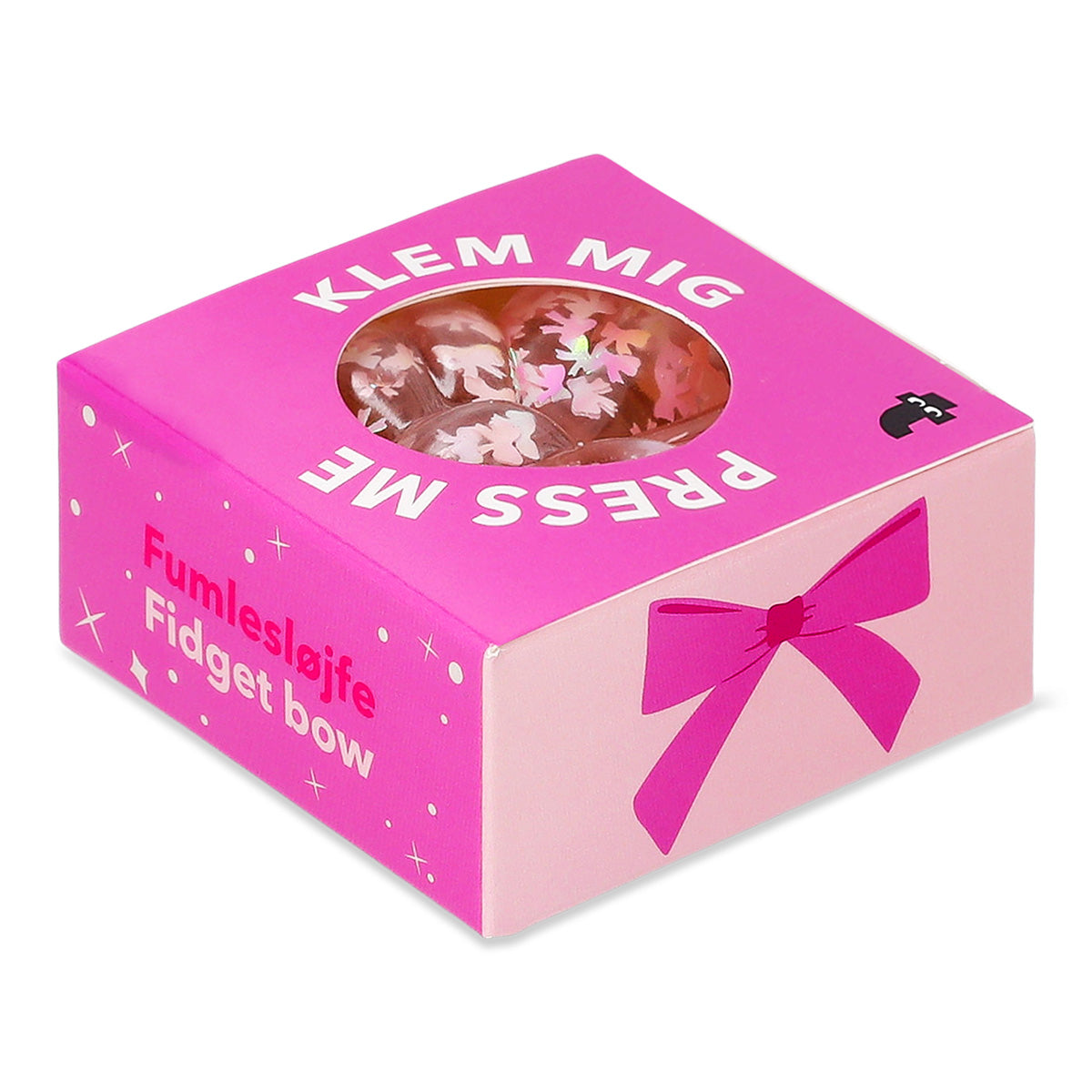 Pink fidget bow gadget, Press Me Toy by Flying Tiger Copenhagen, featuring a colorful, squeezable design for stress relief and fun.